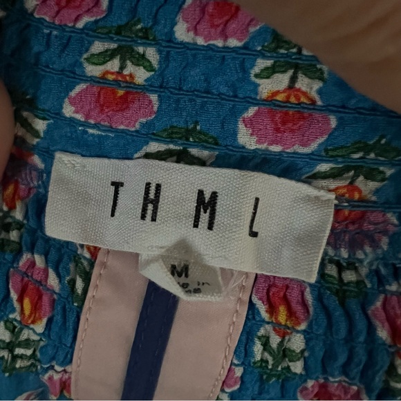 THML Blue Floral Top with Smocked Neck Size M - Picture 3 of 6